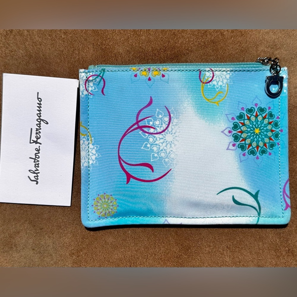 New Salvatore Ferragamo Blue and Pink Patterned Zippered Pouch/Coin Wallet